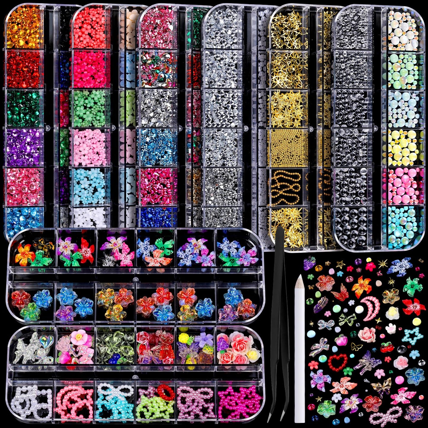 FANDAMEI Nail Charms, 8-Box Nail Charms and Gems, Fruit Bow Hawaii Flowers Petals 3D Nail Art Charms Bulk, Charms Y2K for Nails, Colorful Bubble Beads Nail Rhinestones, Gold Studs Nail Pearls for DIY