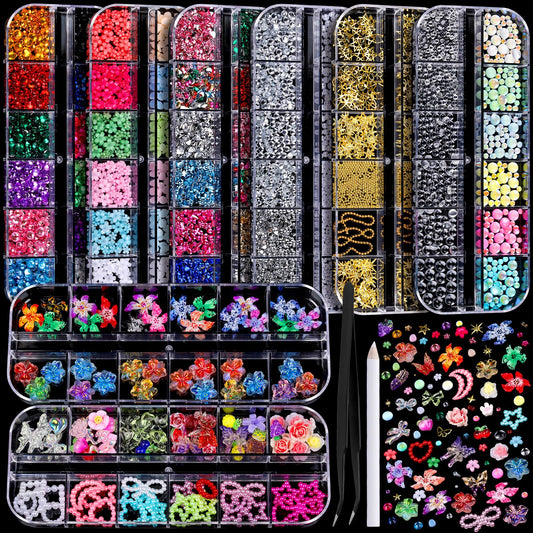 FANDAMEI Nail Charms, 8-Box Nail Charms and Gems, Fruit Bow Hawaii Flowers Petals 3D Nail Art Charms Bulk, Charms Y2K for Nails, Colorful Bubble Beads Nail Rhinestones, Gold Studs Nail Pearls for DIY