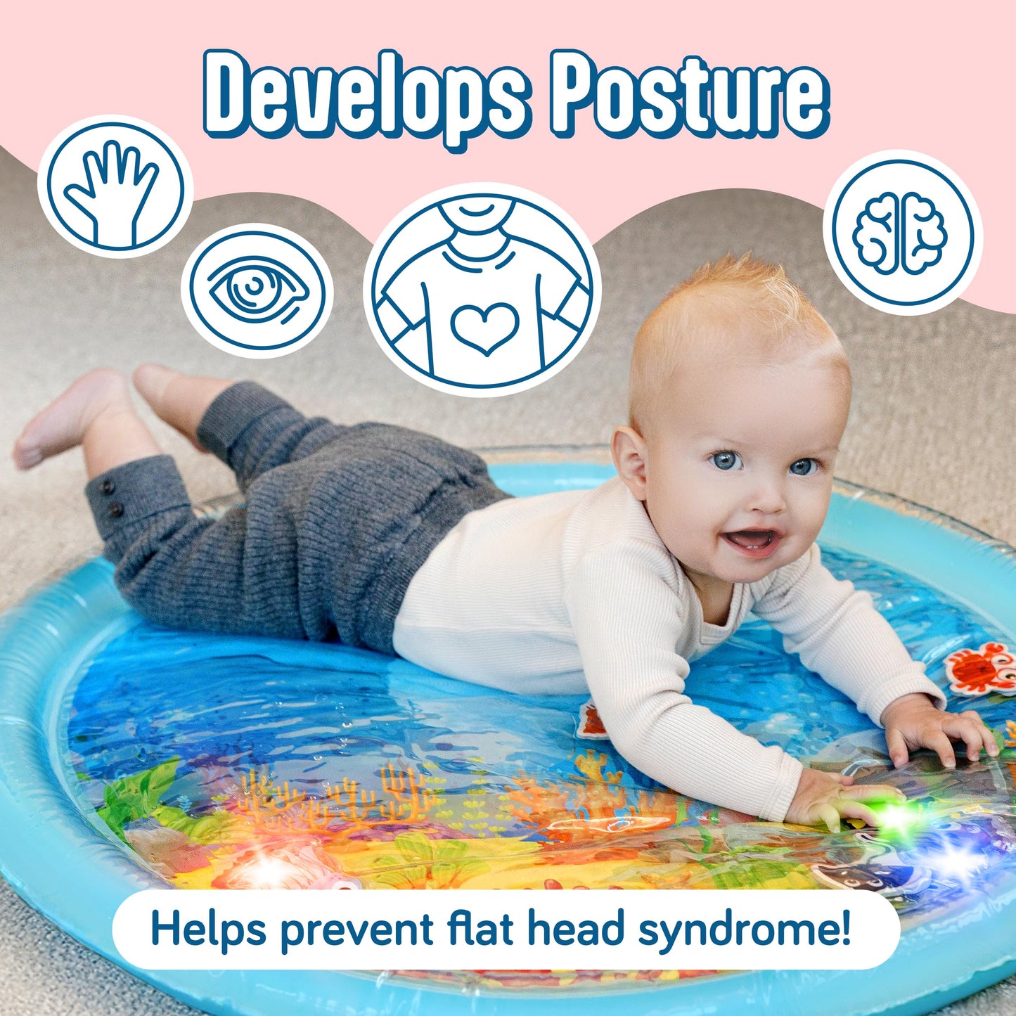 SplashEZ Lights Up Tummy Time Water Mat for Babies, 30" X-Large Baby Water Mat Tummy Time for Sensory Play with LED Glowing Fishes, Inflatable Fun Play Pad for Infants & Toddlers 3 to 36 mo
