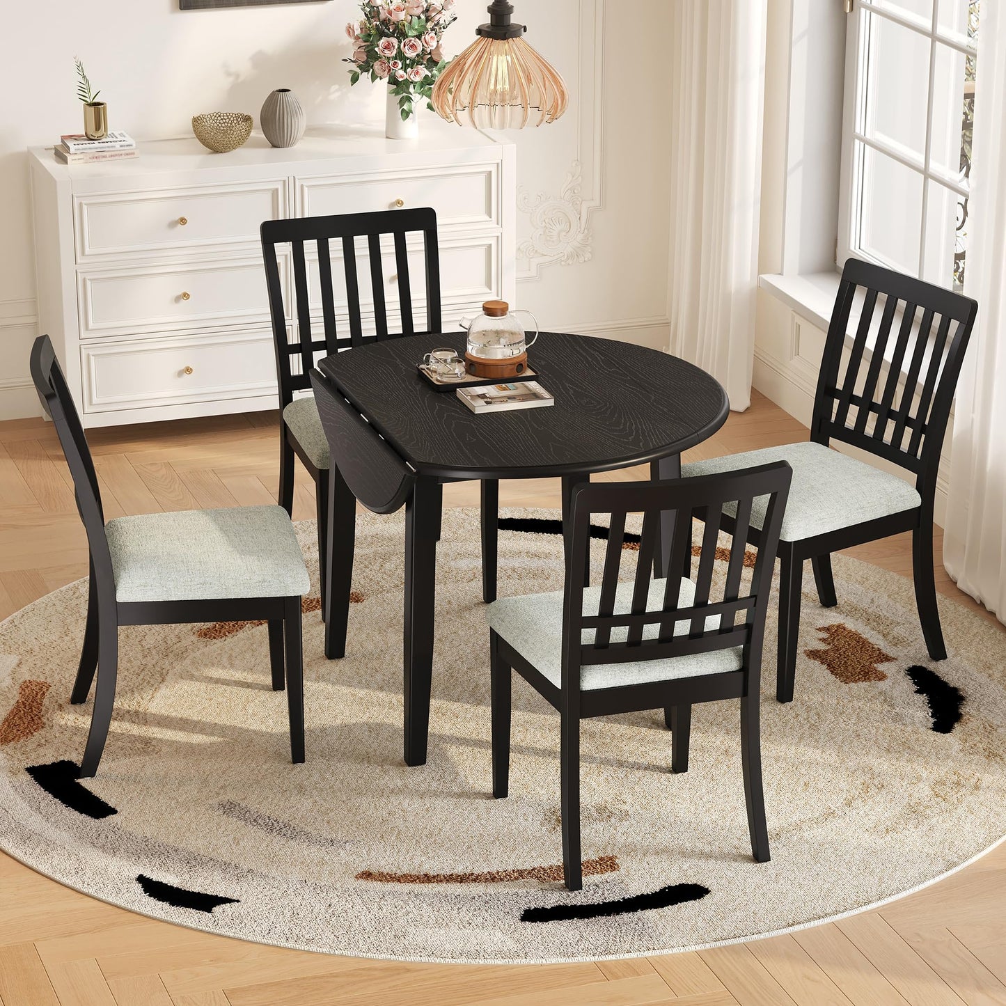 P PURLOVE 5 Piece Round Dining Set for 4, 1 Folding Wood Table and 4 Upholstered Chairs for Small Spaces, Apartments, Space-Saving Design (Black)
