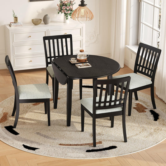 P PURLOVE 5 Piece Round Dining Set for 4, 1 Folding Wood Table and 4 Upholstered Chairs for Small Spaces, Apartments, Space-Saving Design (Black)