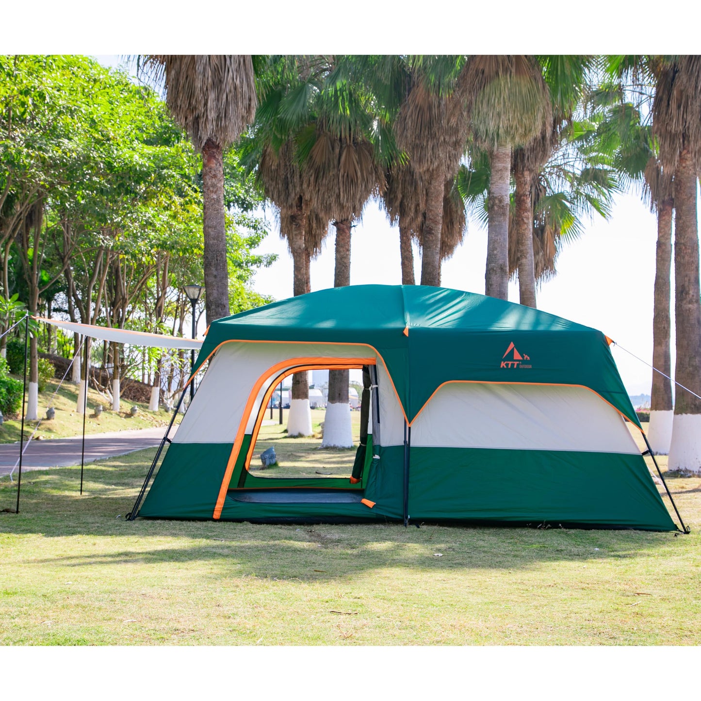 KTT Extra Large Tent 10-12 Person(B),Family Cabin Tents,2 Rooms,3 Doors and 3 Windows with Mesh,Straight Wall,Waterproof,Double Layer,Big Tent for Outdoor,Picnic,Camping,Family Gathering(Green)