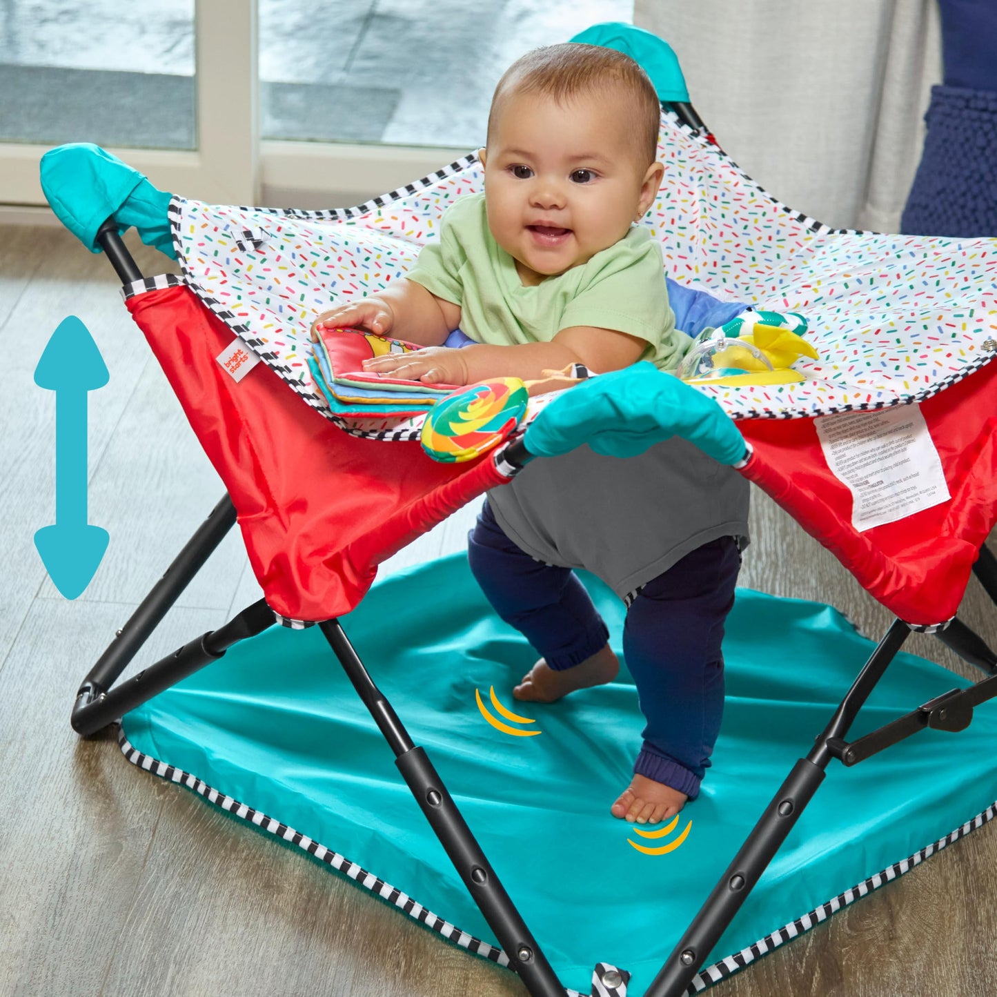 Bright Starts Pop 'N Jump Portable Baby Jumper, Foldable Indoor/Outdoor Baby Jumper with Sweet Treats with Sensory Activities, Ages 6–12 Months