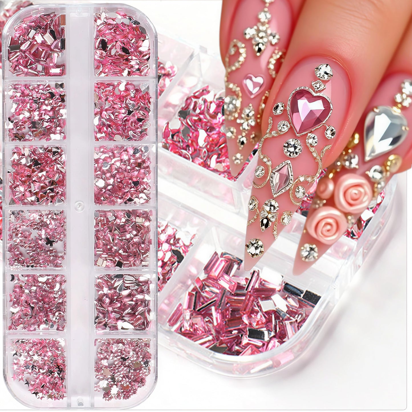 12 Grids Pink Multi Shapes Nail Charms Bow Knot Nail Rhinestones Love Water Drop Design Nail Art Charms Acrylic Nail Art Accessories Crystal Flatback Shiny Nail DIY Decoration Women
