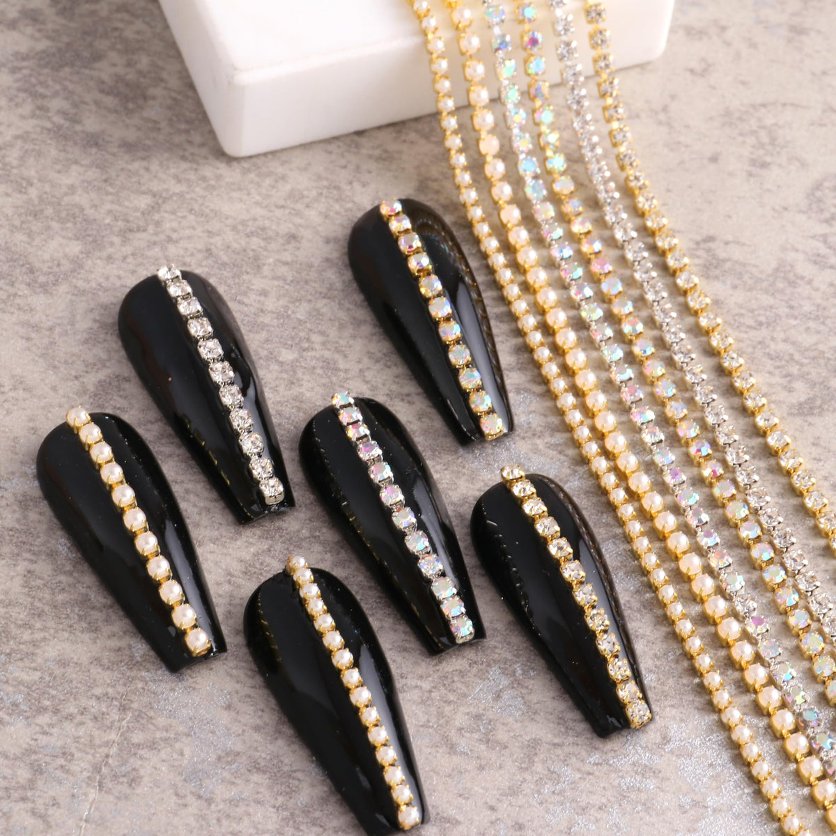 12 Strips Metal Nail Chain Charms, 3D Gold Silver Nail Art Line Accessories, Punk Luxury Pearl Gem Jewelry Chains for Women Girls Manicure Supplies DIY Crafts Decorations