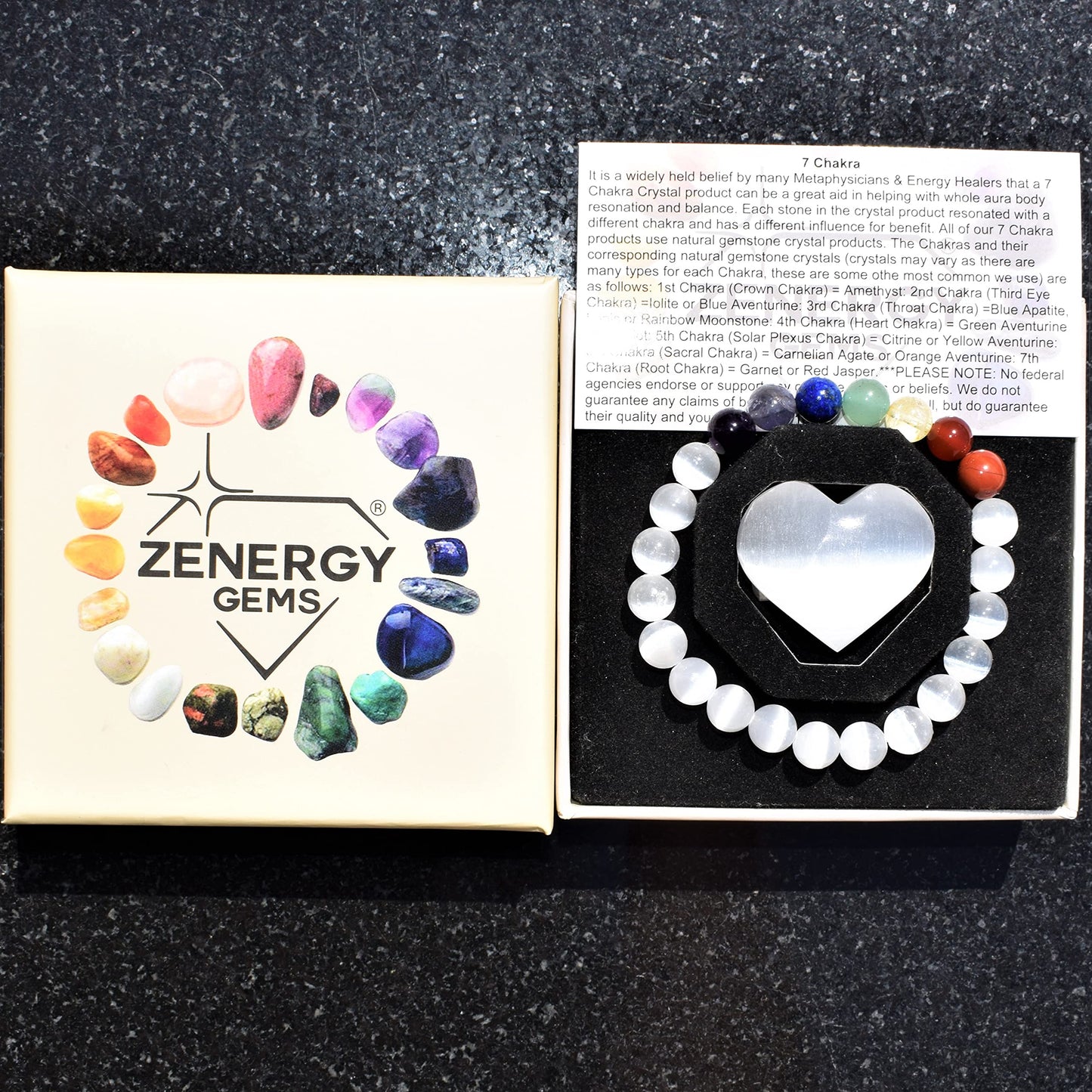 Zenergy Gems Charged Premium Natural 7 Chakra Selenite Crystal 8mm Bead Bracelet + Moroccan Selenite Charging Crystal [Included]