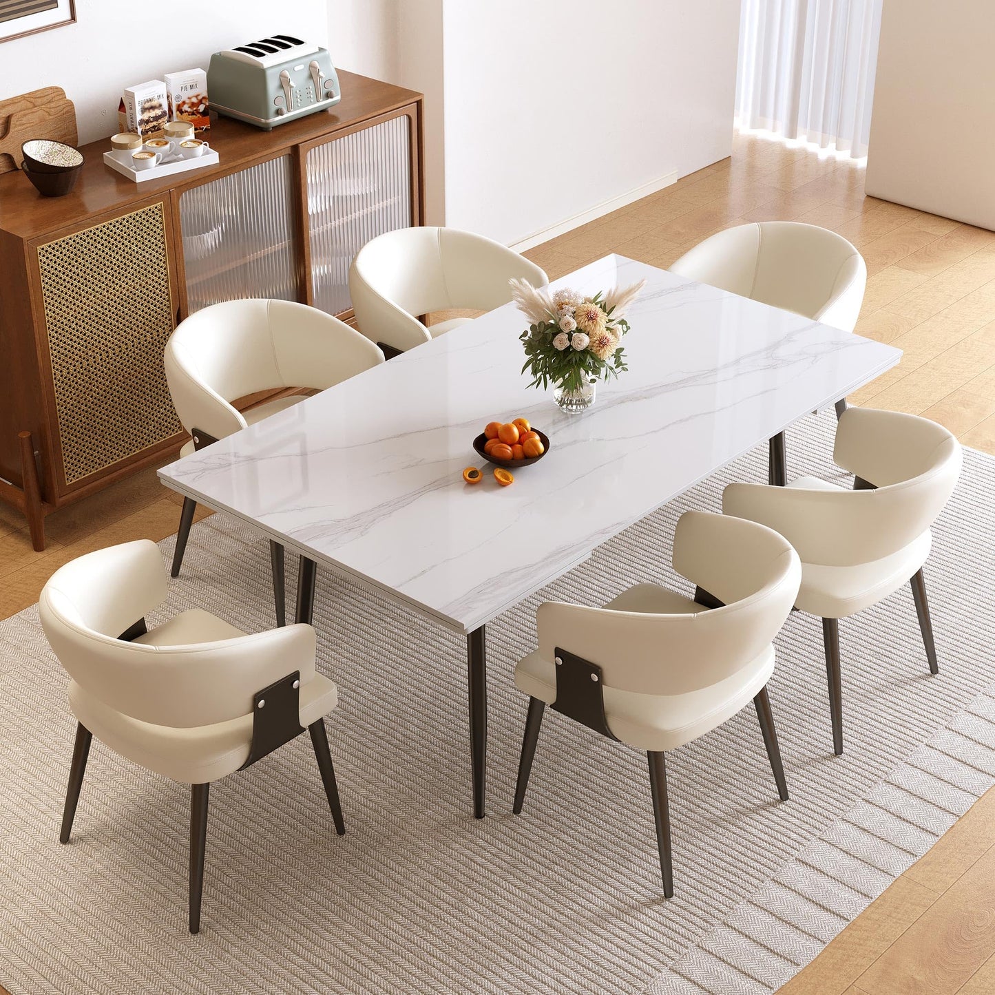 NessCarsti 62.9"–94.4" Extendable Sintered Stone Dining Table for 6–10, Modern White Rectangular Kitchen Table with Stainless Steel Legs, Scratch-Resistant & Heat-Resistant, Patio & Backyard Furniture