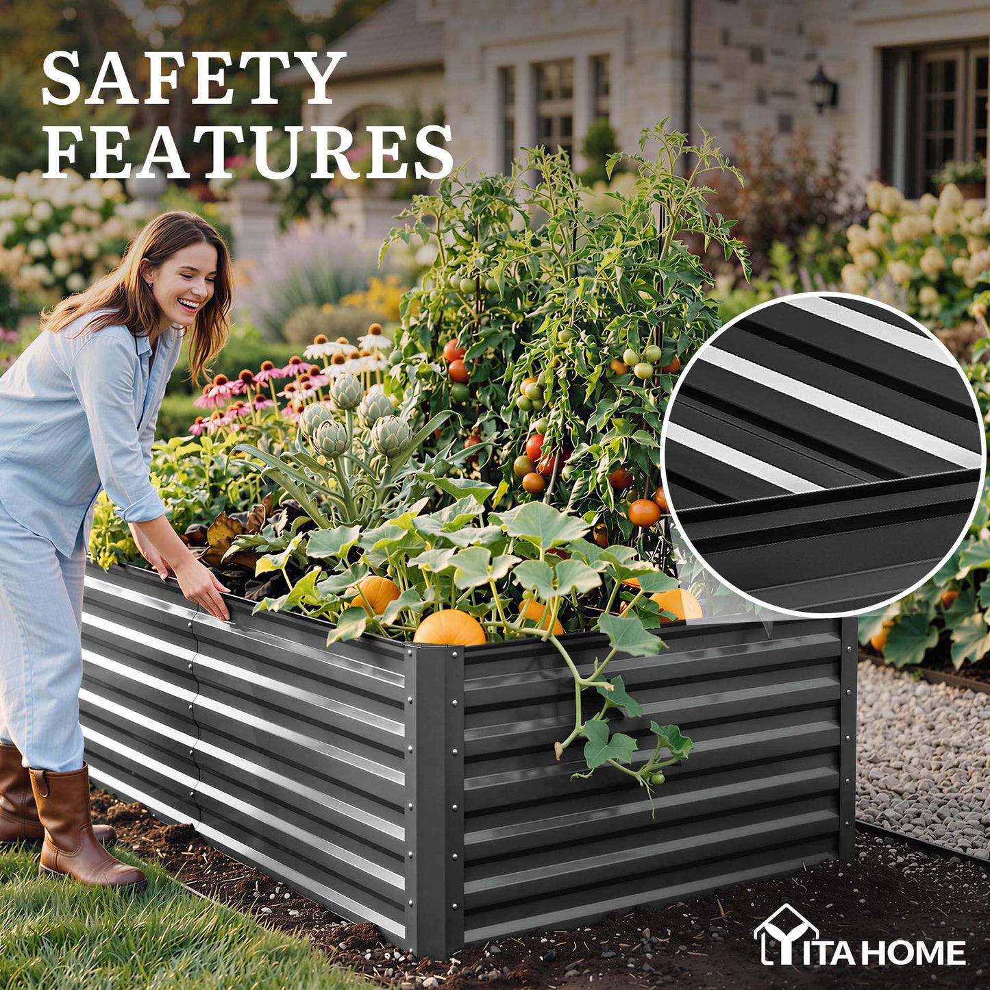 YITAHOME 8x4x2ft 2pcs Large Raised Garden Bed, Galvanized Metal Planter Box with Gloves, Ground Nails, Support Rod & Safety Rubber, Outdoor Above Ground Planters for Plants Vegetables Flowers, Black