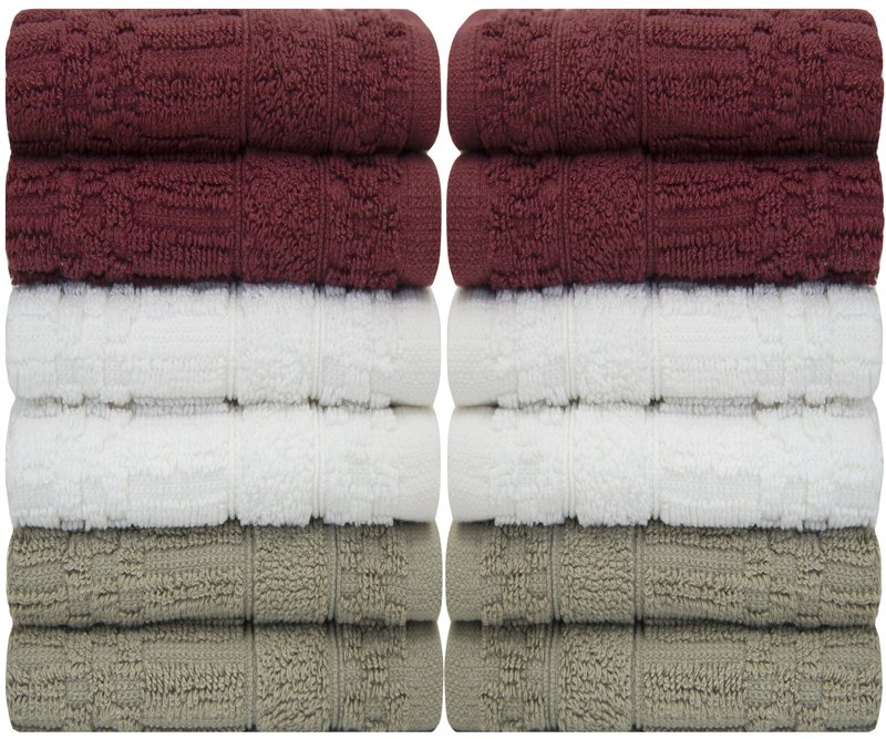 PH Pleasant Home Diamond Wash Cloths Set - 12 Pack (12” x 12”) – 509 GSM - 100% Ring Spun Cotton Wash Cloth - Super Soft and Highly Absorbent Face Towels (Maroon, White & Tan)