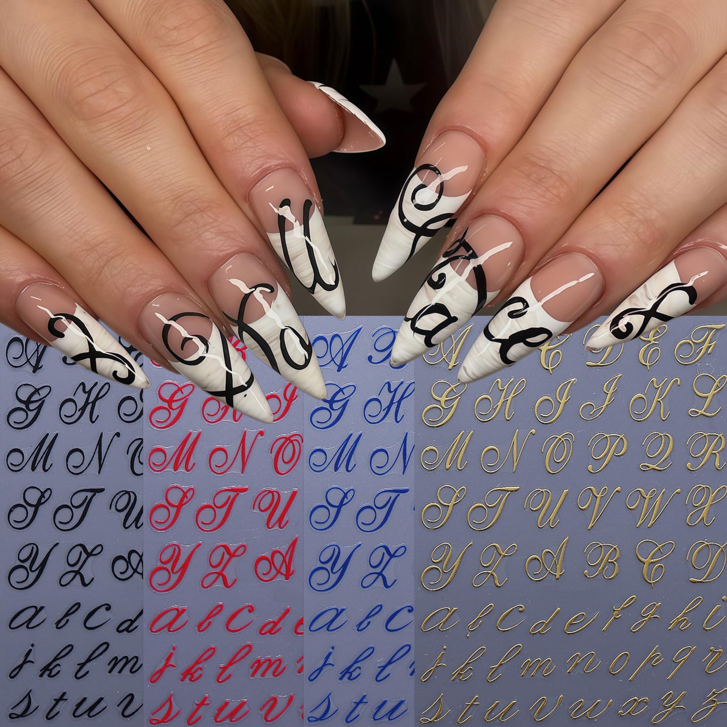 8 Sheets Letters Nail Art Stickers English Alphabet Nail Decals 3D Self-Adhesive Old English Alphabet Nail Art Stickers Black Red Gold Blue Letters Sticker for Nails for Women DIY Manicure Decoration