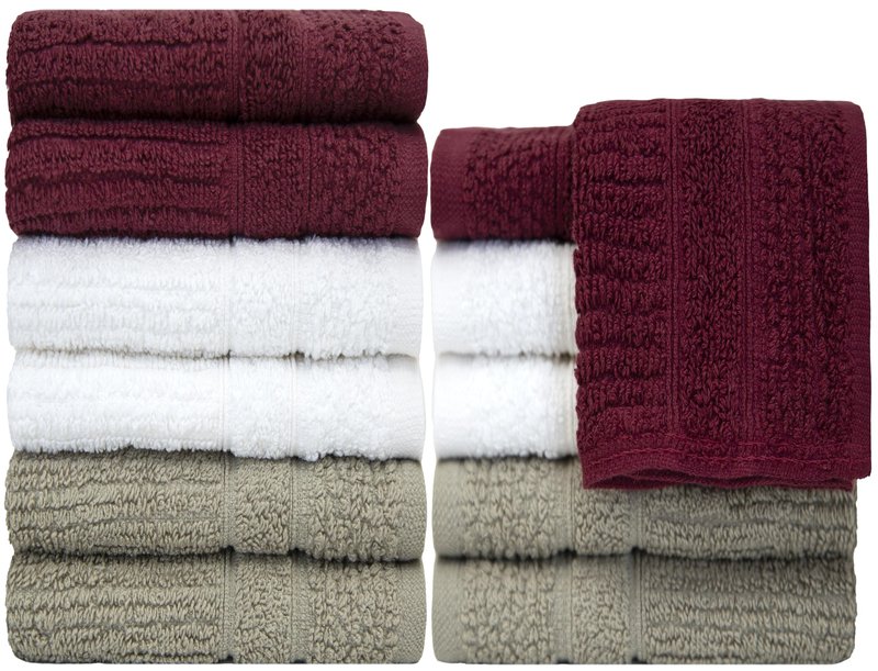PH Pleasant Home Ribbed Wash Cloths Set - 12 Pack (12” x 12”) – 509 GSM - 100% Ring Spun Cotton Wash Cloth - Super Soft and Highly Absorbent Face Towels (Maroon, White & Tan)