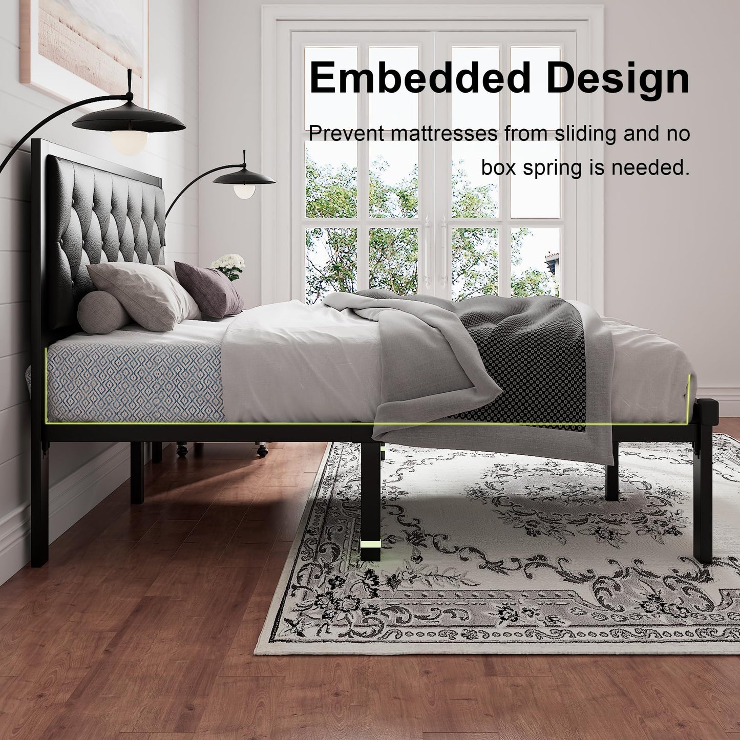Feonase Queen Size Metal Bed Frame with Faux Leather Button Tufted Headboard, Heavy-Duty Platform Bed Frame with 12" Storage, Steel Slats Support, No Box Spring Needed, Noise Free, Matte Black