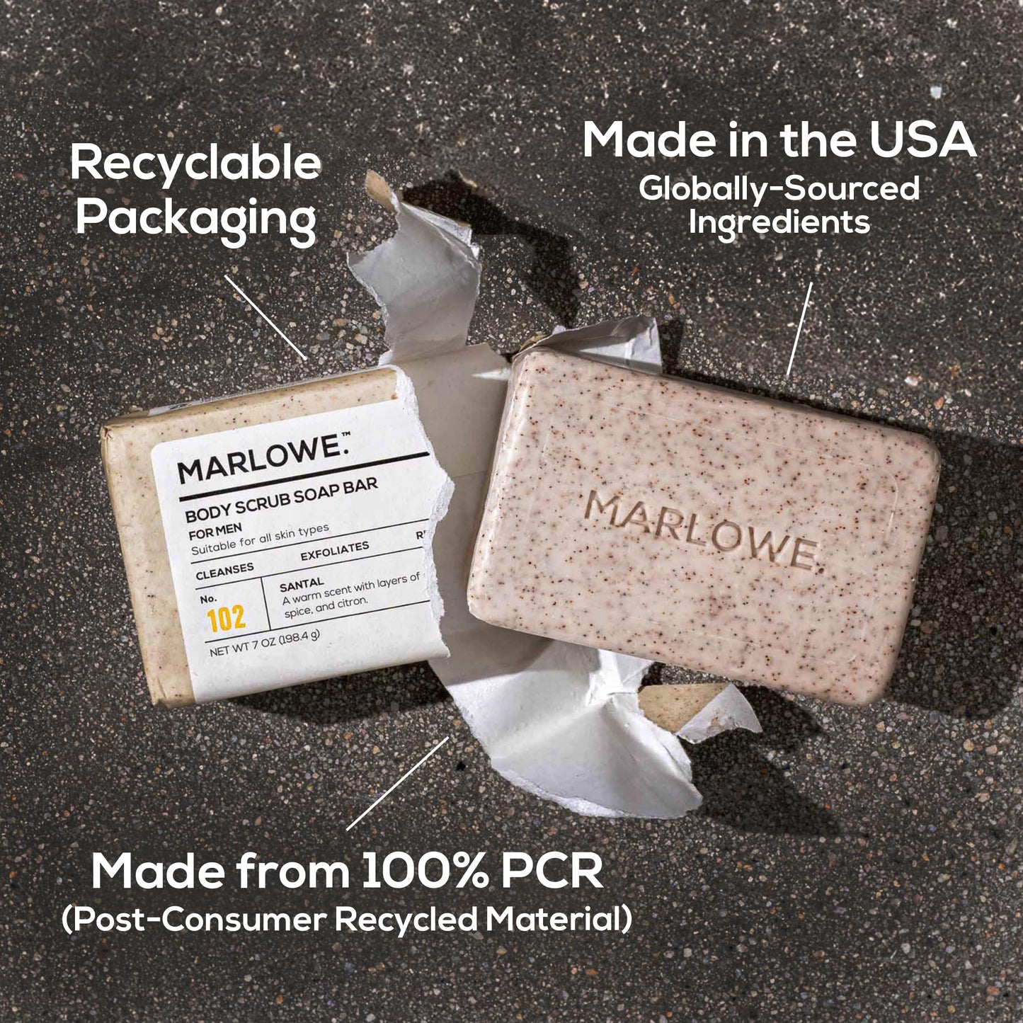 MARLOWE. No. 102 Body Scrub Soap 7 oz (6 Bars), Santal, Exfoliating Soap Bar with Shea Butter, Olive Oil & Green Tea Extracts, Cleanses, Smooths & Revitalizes Skin, Warm Amber, Spice & Citron Scent