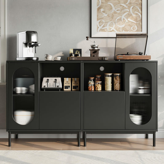 Einhomn Sideboard Buffet Cabinet Set of 2 with Fluted Glass Doors and Adjustable Shelf, Wood Modern Accent Cabinet with Storage for Kitchen, Entryway, Living Room, Black