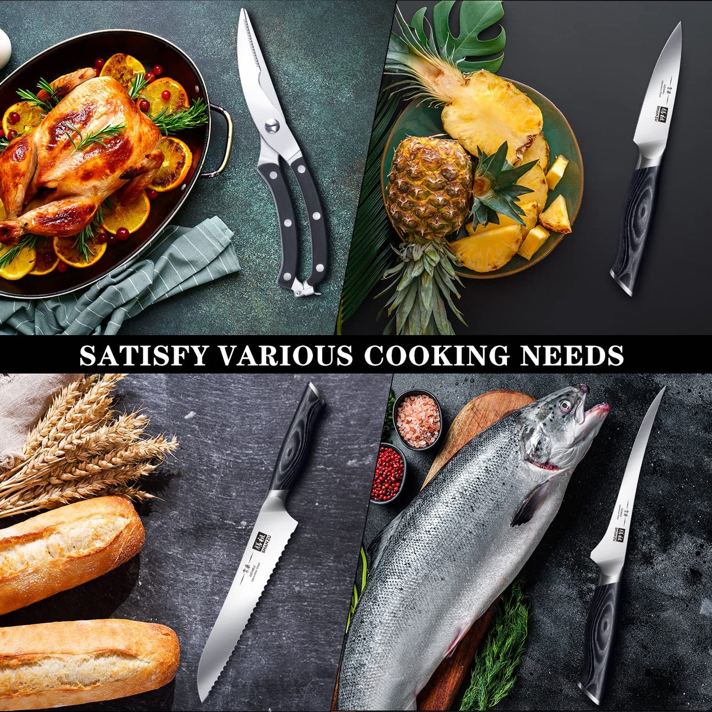 SHAN ZU Knife Sets for Kitchen with Block, Knife Block Set, Japanese Super Steel Kitchen Knife Sets with Removable Block & K133 Ergonomic Handle, Black Tortoise Genbu Series