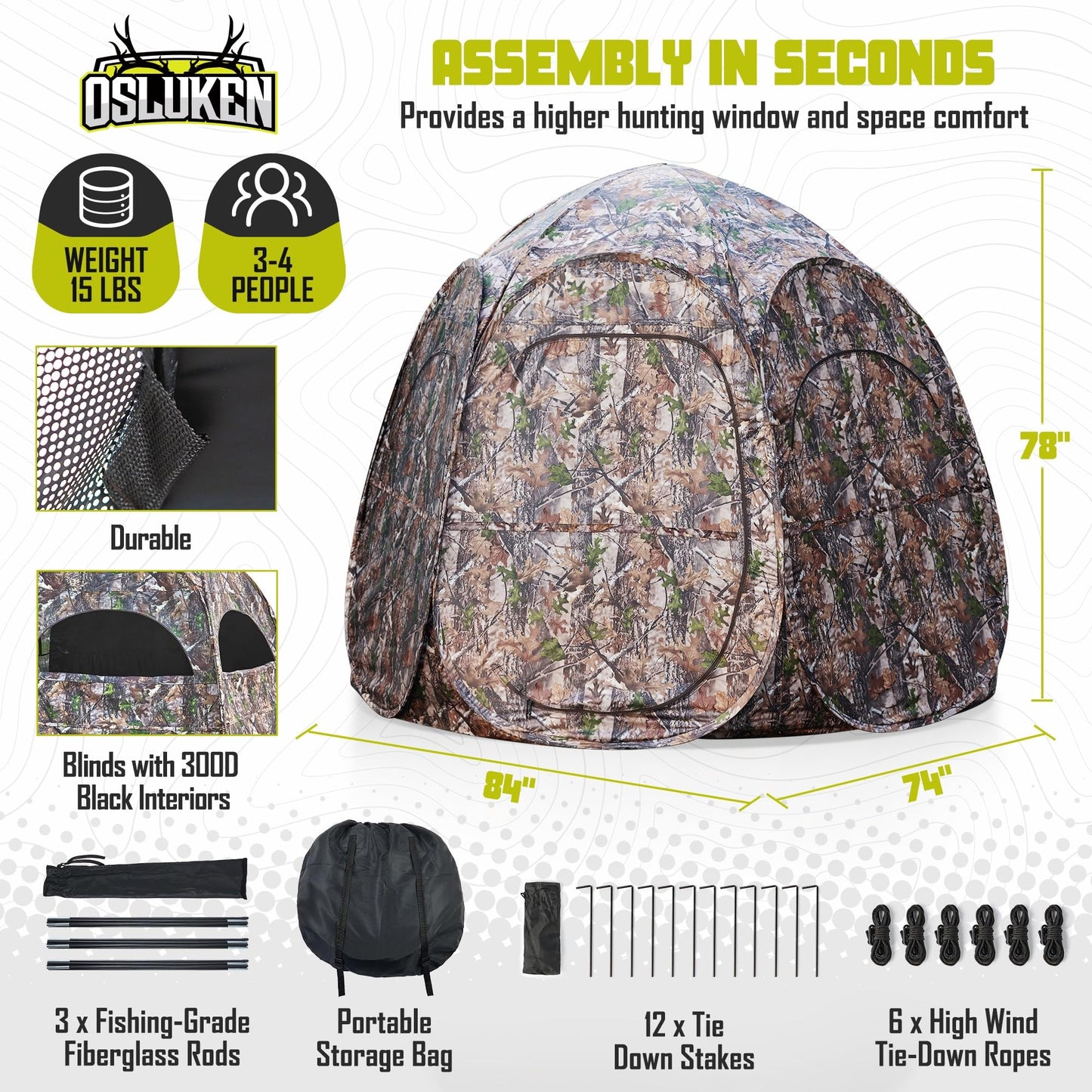 𝟮𝟬𝟮𝟰 𝐔𝐩𝐠𝐫𝐚𝐝𝐞𝐝 See Through Hunting Blind Ground, 3-4 Person Ground Blinds for Deer Hunting, 6-Sided Larger Pop Up Blinds, Camo Tent for Hunting Turkey with Carry Bag 84" x 74" x 78"H