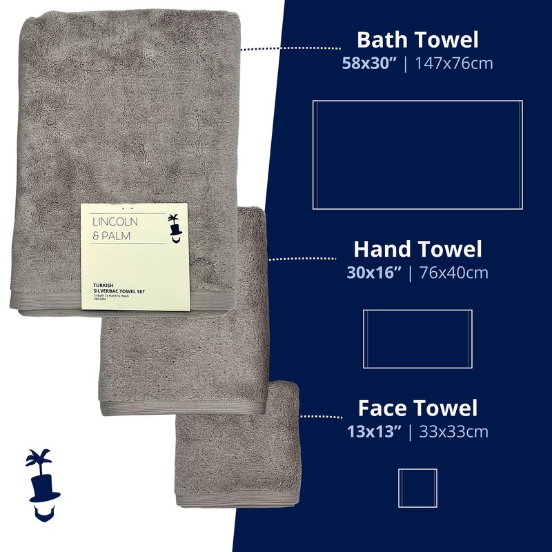 Lincoln & Palm 3 Piece Turkish Towels Set, Thick, Soft, Plush 700 GSM Spa & Hotel Quality, Silver Infused SILVERbac | Bath 58x30, Hand 30x16, Face Wash Cloth 13x13 (3 Piece Towel Set, Silver)