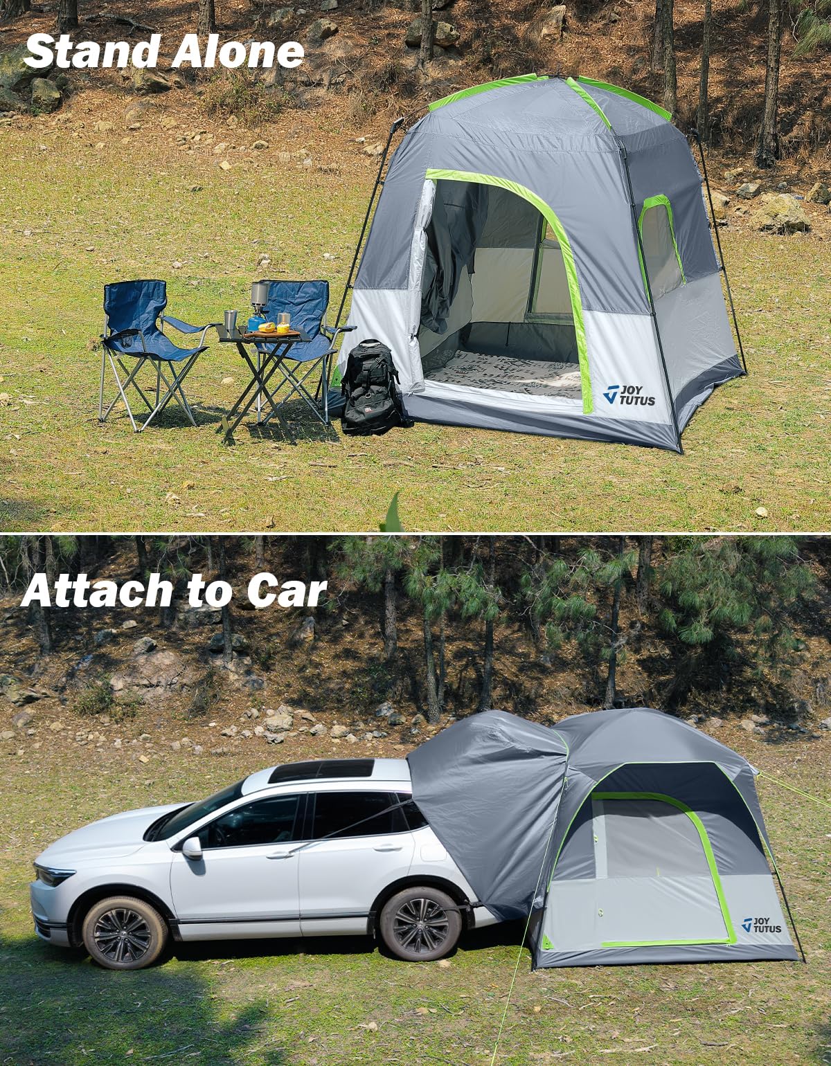 JOYTUTUS Dual-Use SUV Tent, SUV Tents for Camping with Rainfly, Strong Four Steel Frame Poles, 4-6 Person Car Tent with Ventilated Double Door Design, Movie Screen, Fit for SUV CUV Van