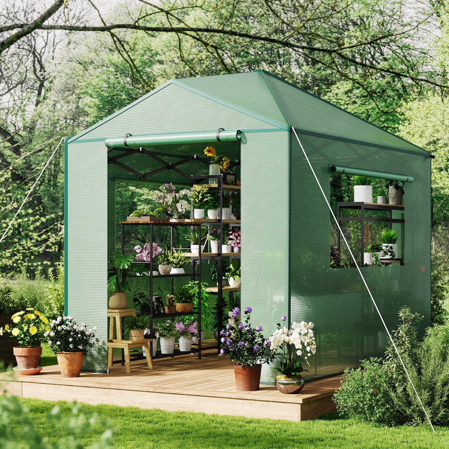 8x6 ft Portable Greenhouse for Gardening, Walk-in Plant Houses for Winter Protection, Durable PE Cover Greenhouse Kit for Indoor & Outdoor Use, Zippered Doors