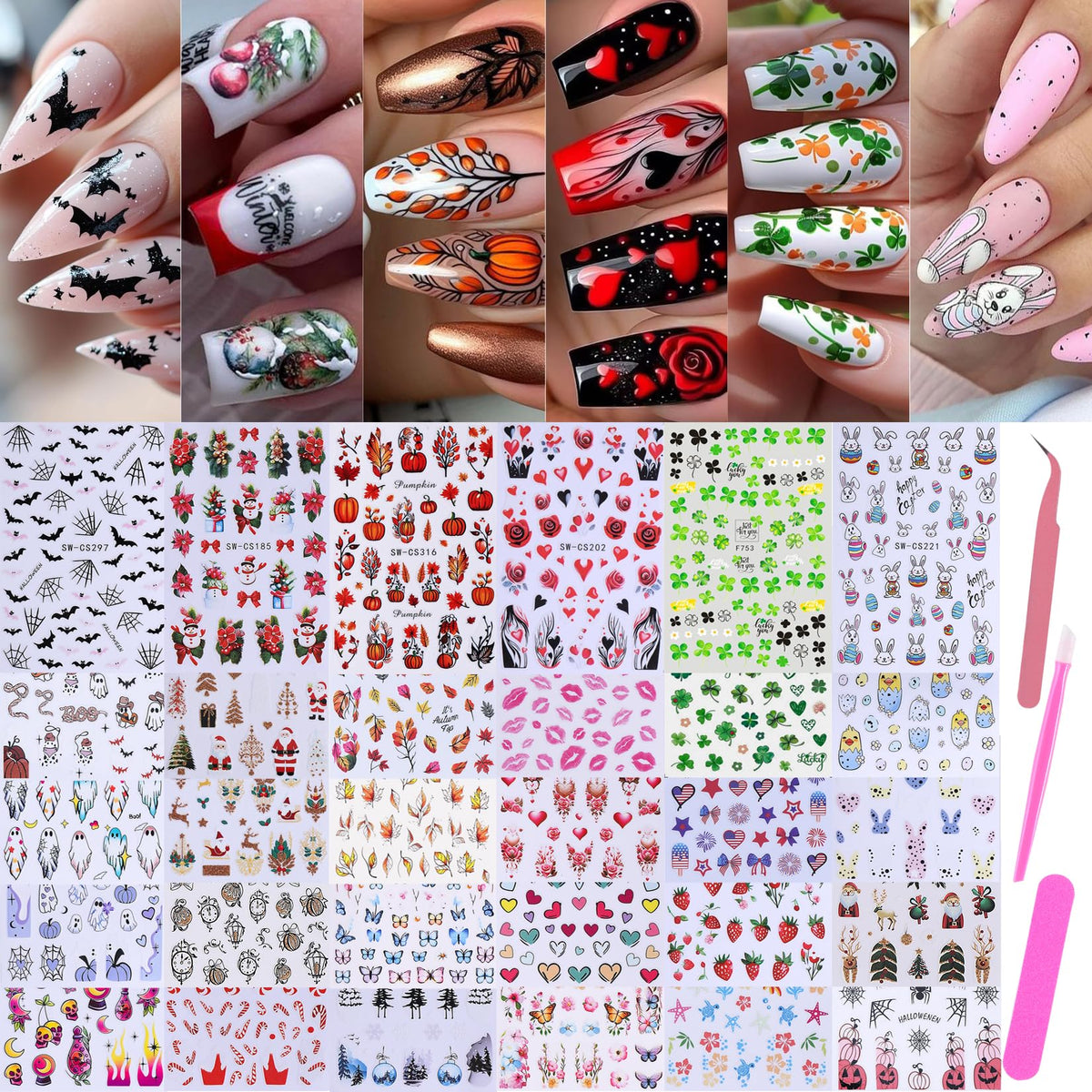 Holiday Nail Art Stickers Decals 30 Sheets 3D Seasonal Stickers for Nails with Tweezers Self-Adhesive Manicure Decoration Nail Supplies for Christmas Valentine Halloween St. Patrick's Day Easter