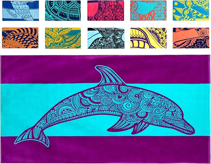 Nova Blue Dolphin Beach Towel â Tropical Blue & Purple Colors with A Unique Design, Extra Large, XL, Pool Towels (34âx 63â) Made from 100% Cotton