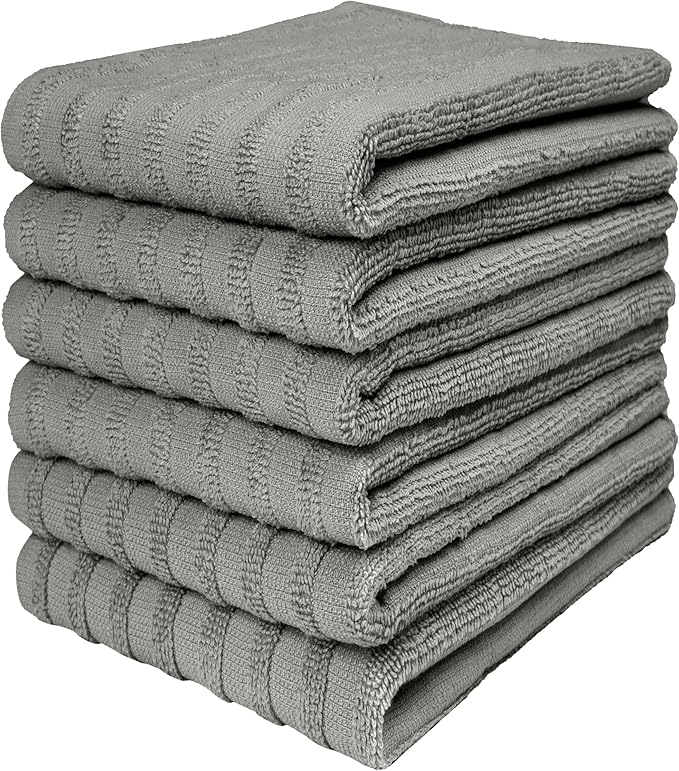 Premium Kitchen Towels (20âx 28â, 6 Pack) | Large Cotton Dish Towels 450 GSM | Highly Absorbent Terry Kitchen Linen Set with Hanging Loop | Gray Solid