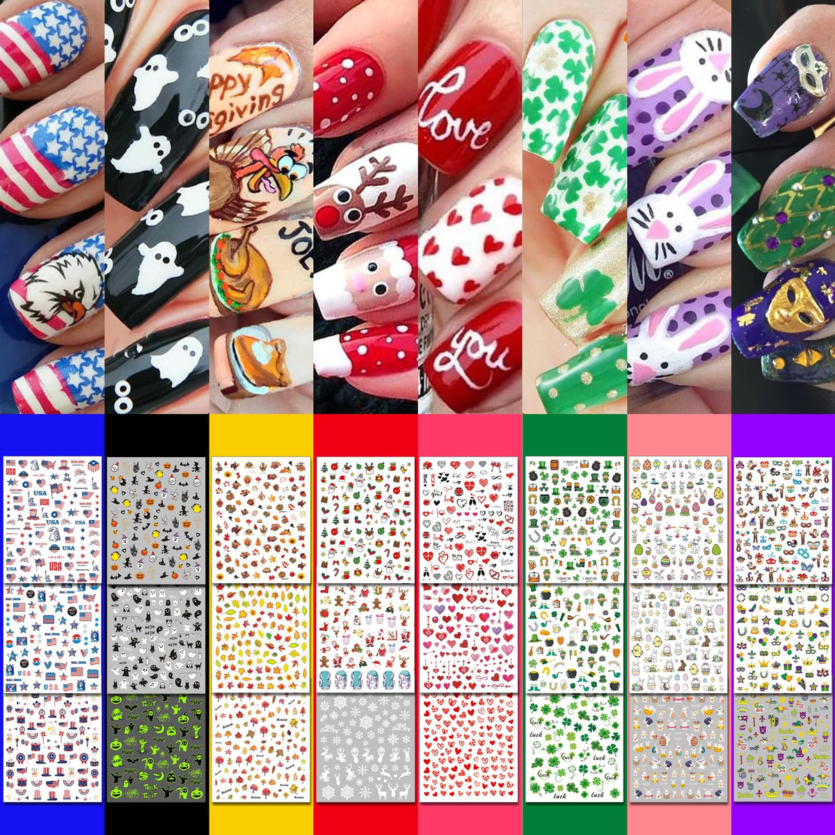 IDDFEVE 30 Sheets 8 Holiday Nail Art Stickers, Variety Pack All Season Nail Decals for All Year, Self-Adhesive Pegatinas Uñas 4th of July Halloween Fall Christmas Valentine St. Patrick's