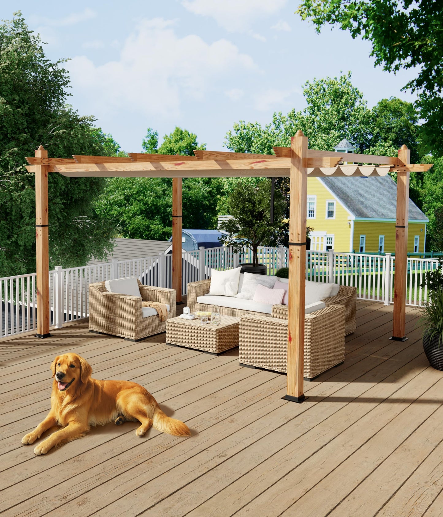 GarveeLife 10 x 13 ft Wood-Grain Aluminum Pergola Outdoor Pergola with Retractable Canopy Sun Shade Shelter for Garden, Patio, Backyard, Deck - Khaki