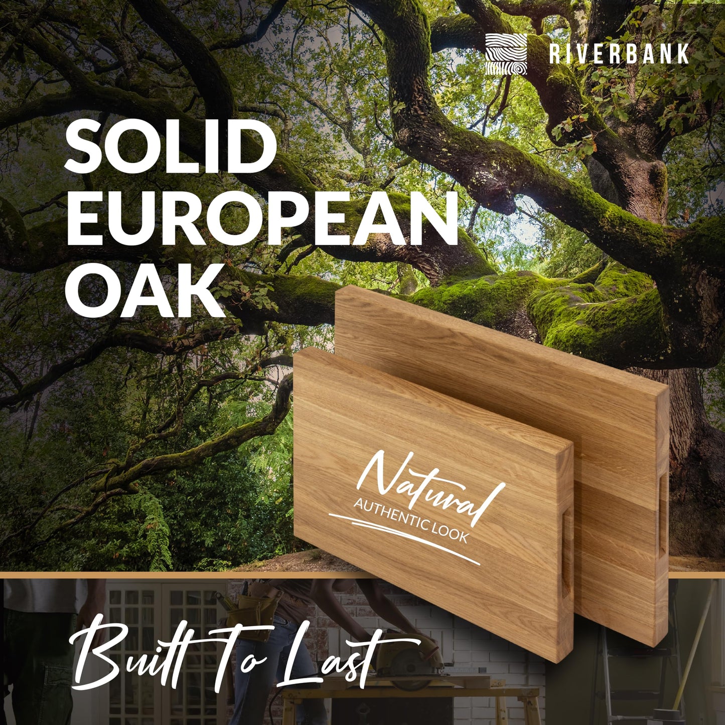 Riverbank Solid Wood Oak Butcher Block Cutting Board in Extra Large XL Size 20"x15"x1.5", Reversible Wooden Chopping Board with Handles, Gift Box Included