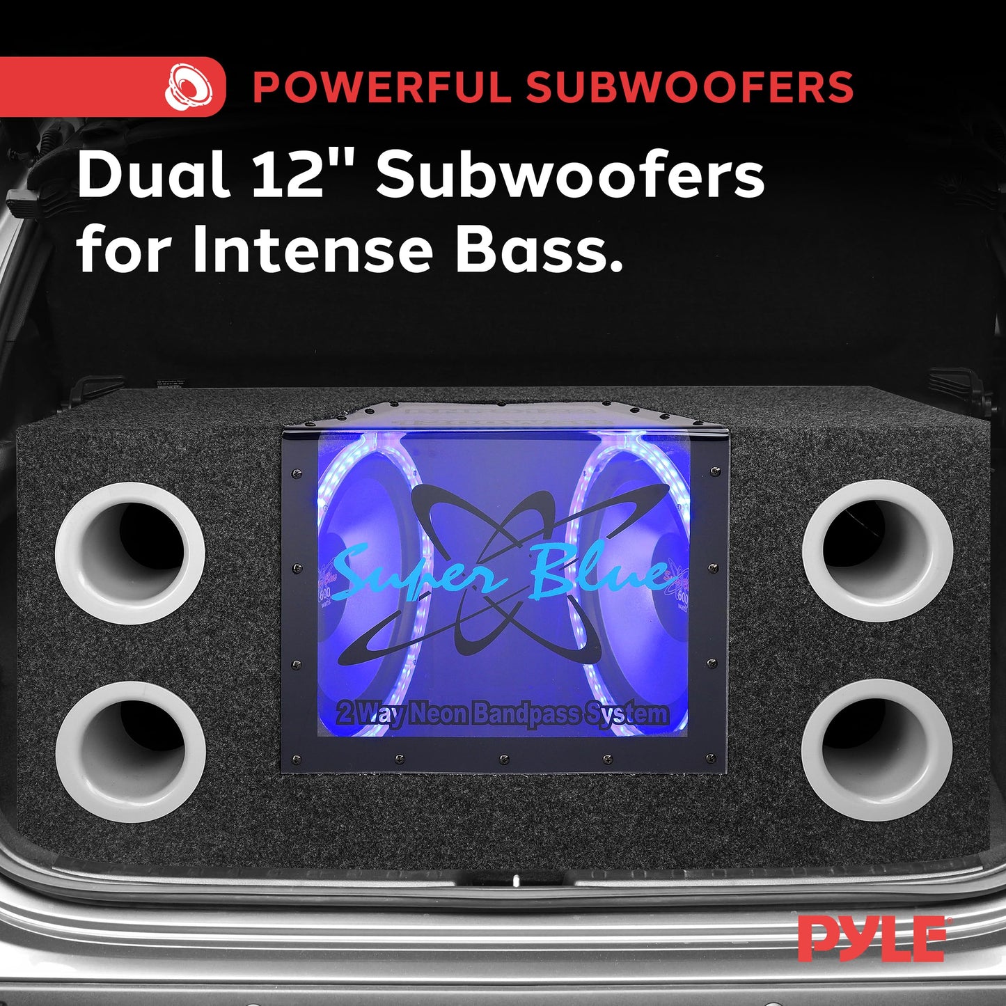 12" 1200W Car Audio Subwoofer - 2 Way Neon Bandpass Speaker System w/Blue Lights, DC 12V Input/4 Ohm/32Hz-1KHz Freq.Res w/Plexi-Glass Front Window & Silver Polypropylene Cone