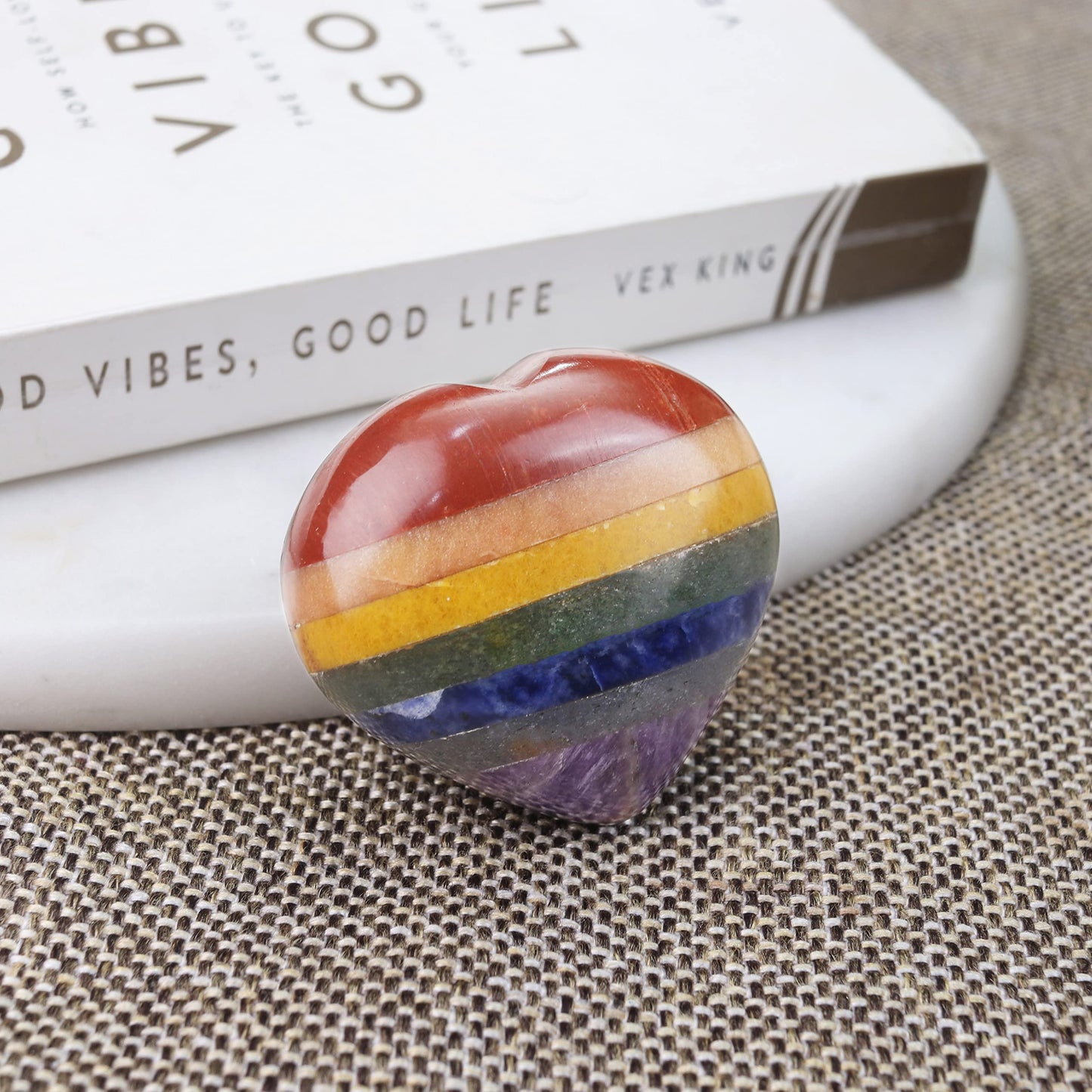 Crocon 50mm 7 Chakra Heart Stone Big Heart Shape Puff Stones Set 450+ Carats Pocket Crystal Healing Tumble Collection Palm Worry Stone Good Luck Charm Meditation Gift Craft Home Decor