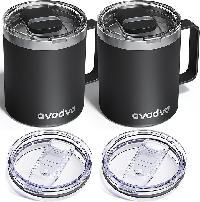 2 Pack 12oz Insulated Coffee Mug with Lids â Double Wall Stainless Steel Travel Cups with Handle, Keep Hot & Cold Drinks, Ideal Gift for Coffee Lovers, Home, Office & Camping, Black