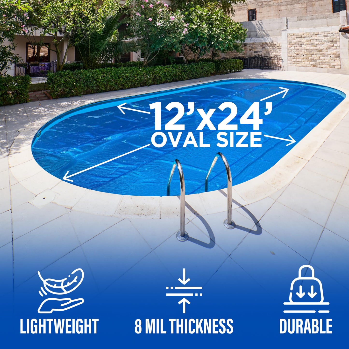 12' x 24' Oval Solar Cover for Inground and Above Ground Pools, 12 Mil - Premium Heavy Duty Solar Blanket for Above Ground Pool, Blue - Made in USA