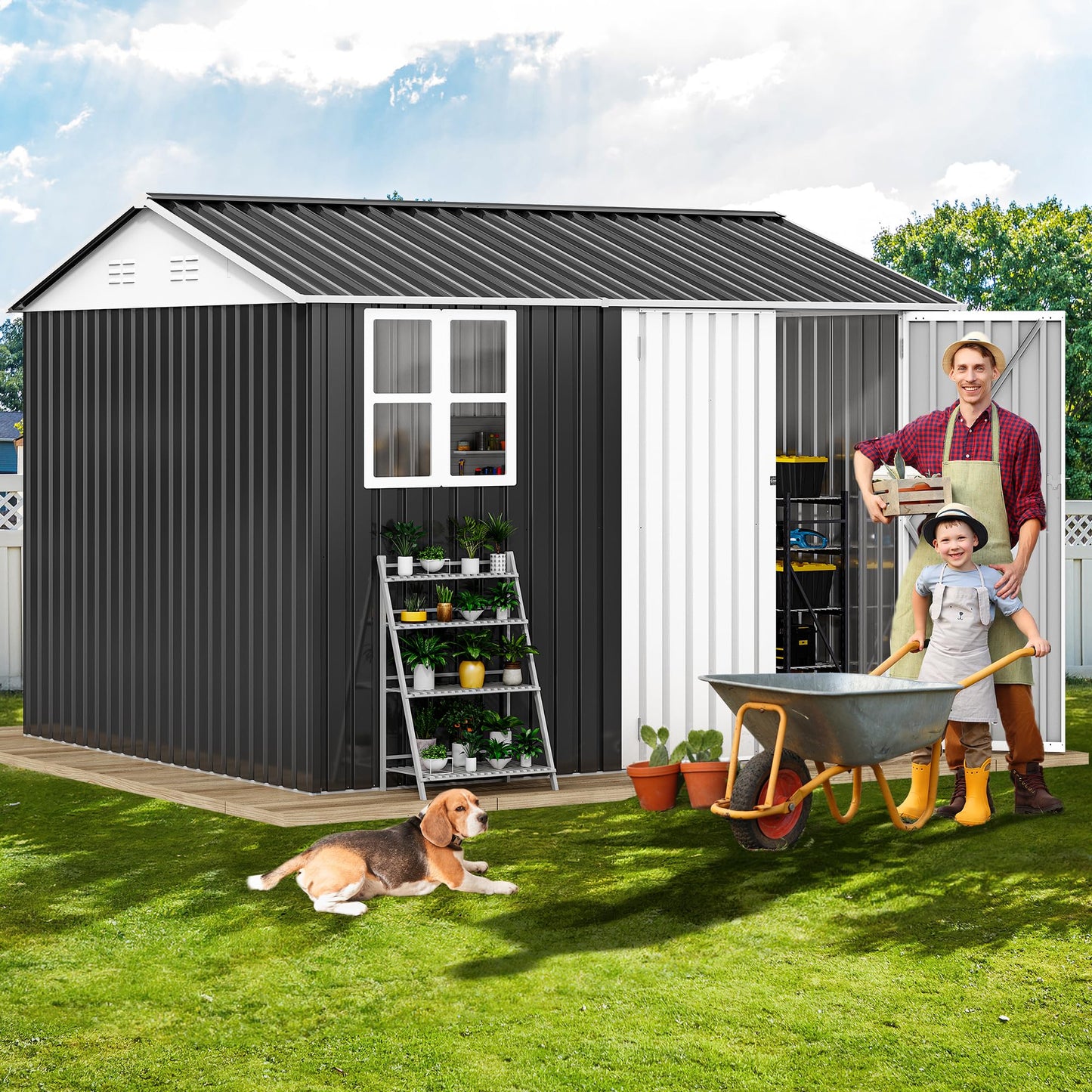 DWVO 10x8ft Large Tool Storage Shed with Window, Lockable Doors, and Sloped Roof, Oversized Steel Outdoor Storage Shed for Garden, Patio, Garage, Backyard, Lawn - Gray & White