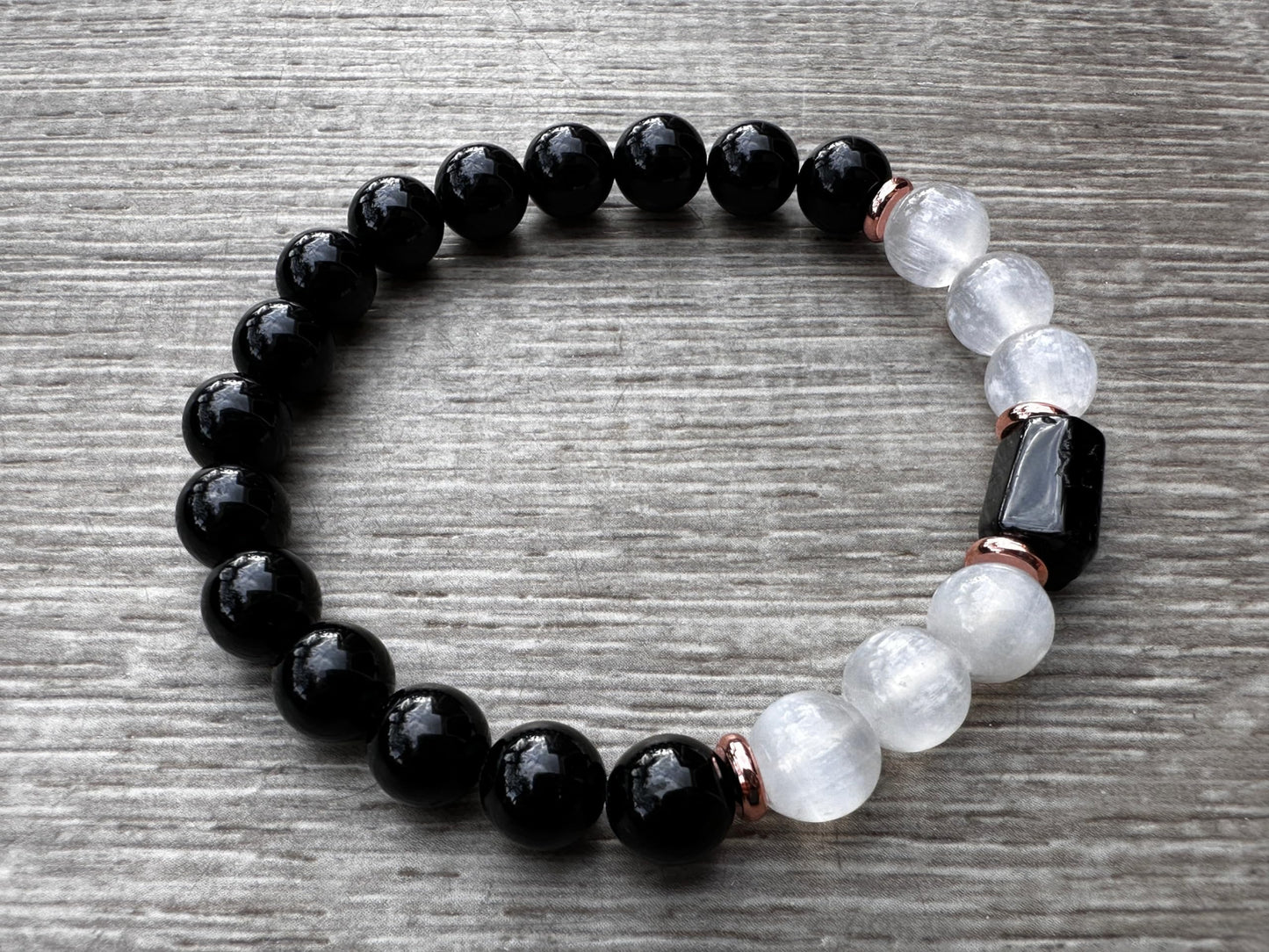 Black Tourmaline and Selenite Crystal Bead Bracelet 8mm, Genuine Black Tourmaline Cylinder with Copper Discs Stretch Gemstone Bracelet, Healing Crystal Bracelet, Gift for Men & Women (1)