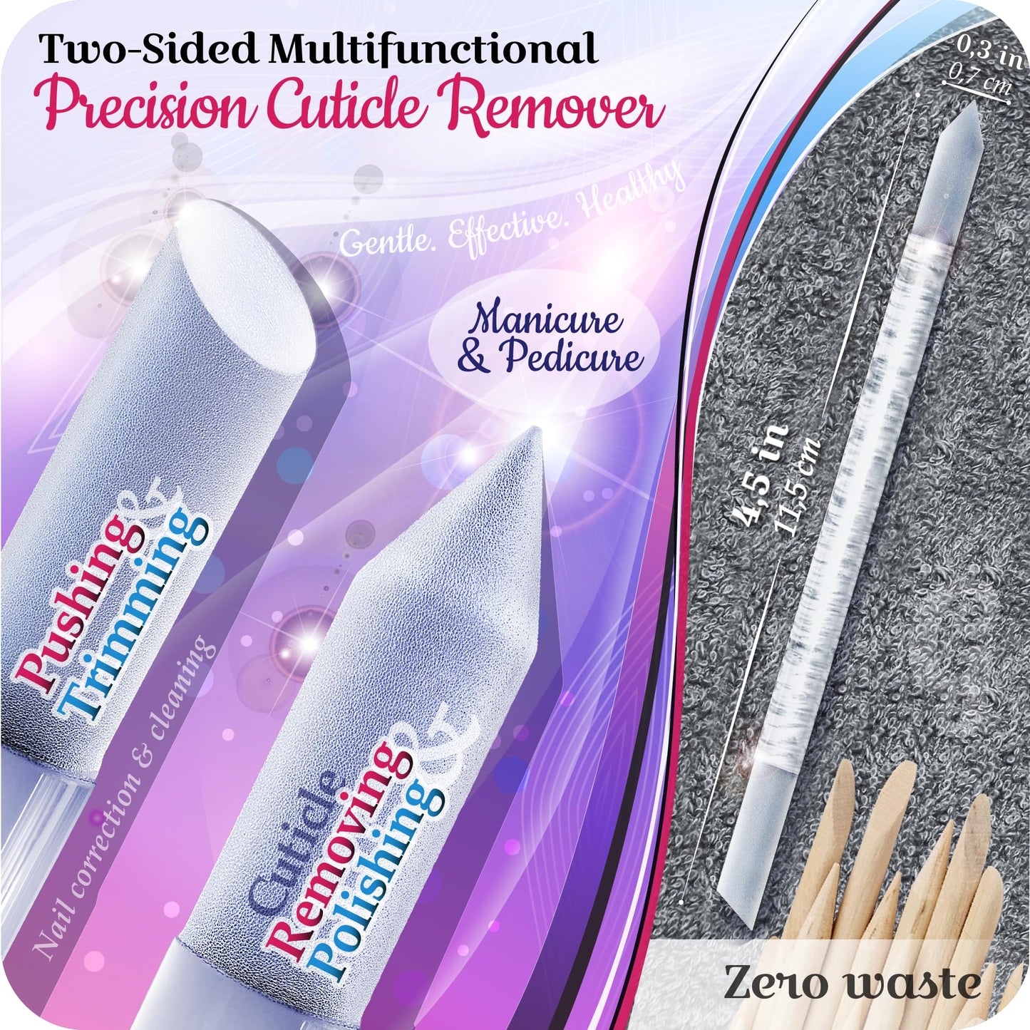 GLADZY Genuine Czech Glass Nail File Set - Callus Remover Foot Rasp, Cuticle Pusher Manicure Stick, Double Sided Etched Different Grit Surface, Professional Nail Care Tool, Made in EU
