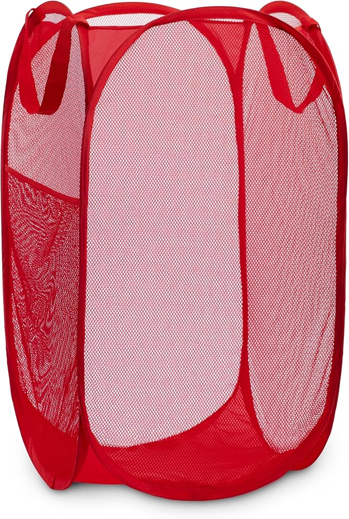 Handy Laundry Collapsible Mesh Pop Up Laundry Hamper with Side Pocket â Breathable, Space-Saving, Durable Basket for Clothes, Toys, Travel & Storage, 14 x 13 x 24 in, Red
