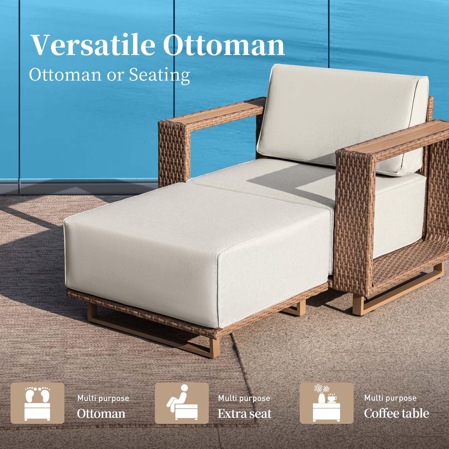 SUNSHINE VALLEY 2 Pieces Patio Furniture Set,Outdoor Rattan Wicker Armchirs and Ottomans with 10''Ultra-Thick Cushions,All Weather Patio Conversation Set for Lawn Garden Backyard,Beige