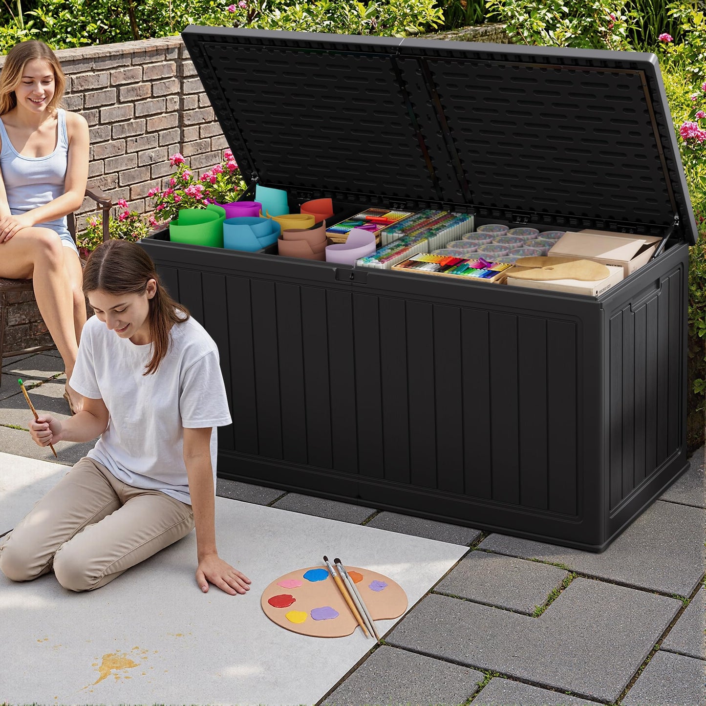 JUMMICO 270 Gallon Outdoor Storage Deck Box with Divider, Double Wall Storage Box with Lockable Lid for Garden Tools, Pools Supplies (Black)