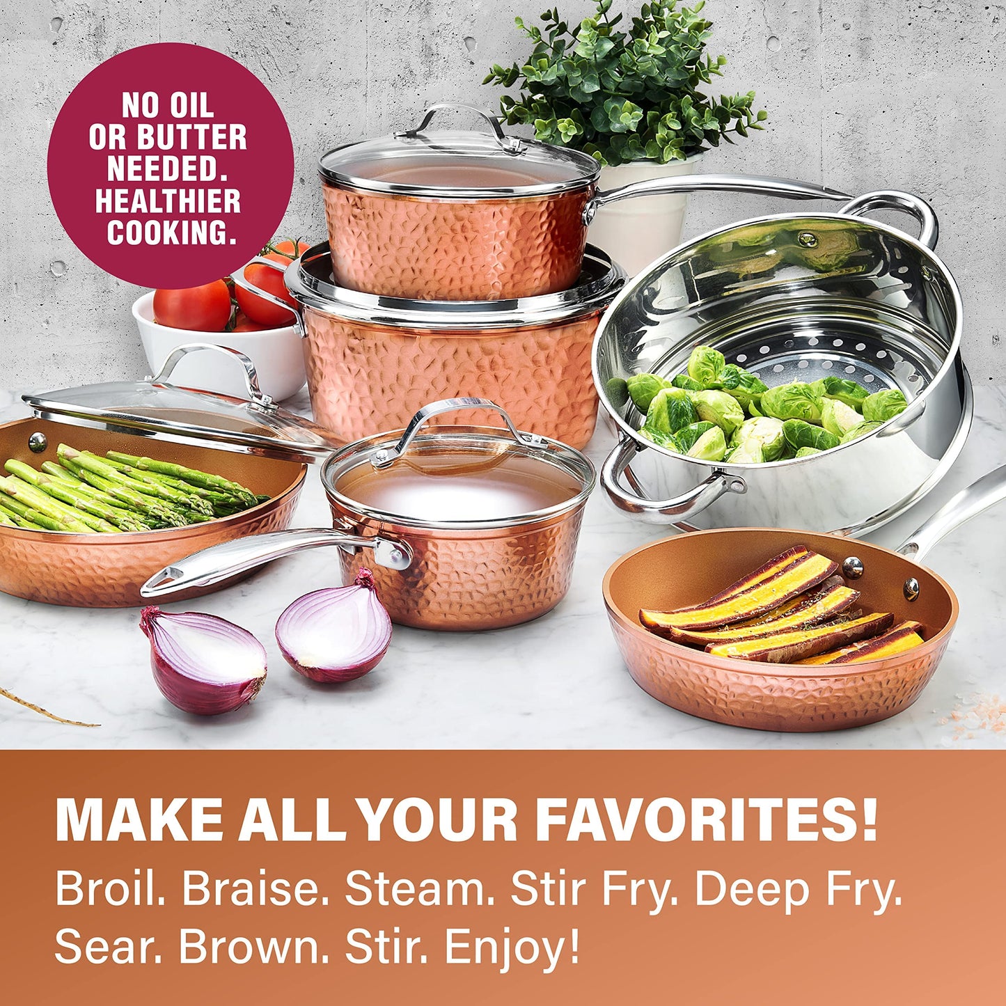 Gotham Steel Hammered 15 Pc Ceramic Cookware Set Nonstick, Induction Pots and Pans Set Non Stick with Bakeware Set & Steamer for Cooking, Non Toxic PFOA PFOS Free, Oven & Dishwasher Safe - Copper