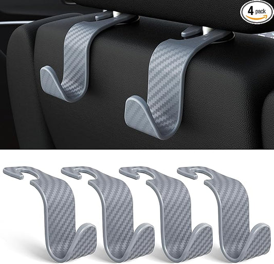 Amooca Car Seat Headrest Hook 4 Pack Hanger Universal Vehicle Car Storage Organizer for Handbag Purse Coat S Type Checkered Grey