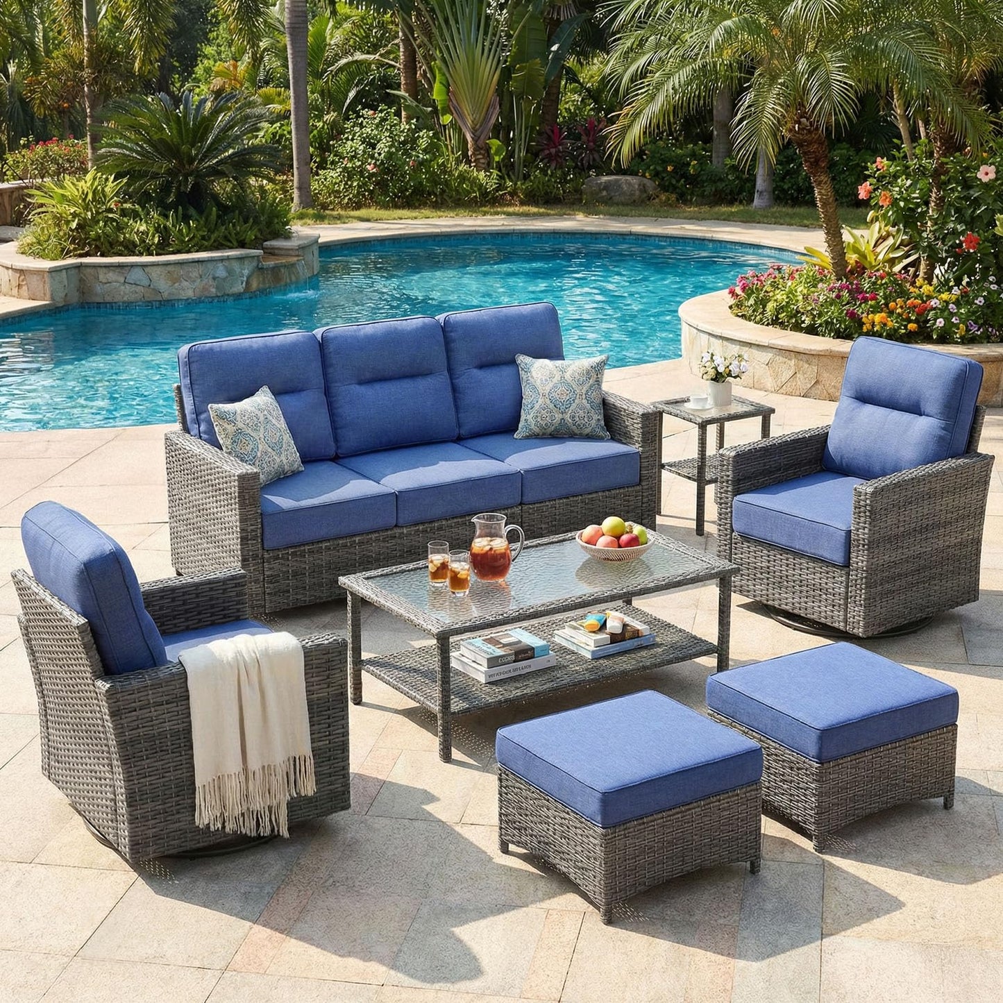 NUSBAY Luxury 7-Piece Patio Furniture Set with 6-Inch Thick Cushions, Outdoor Couch and Swivel Rocker Chairs, Wicker Conversation Set for Porch, Deck, Yard, Pool in Blue