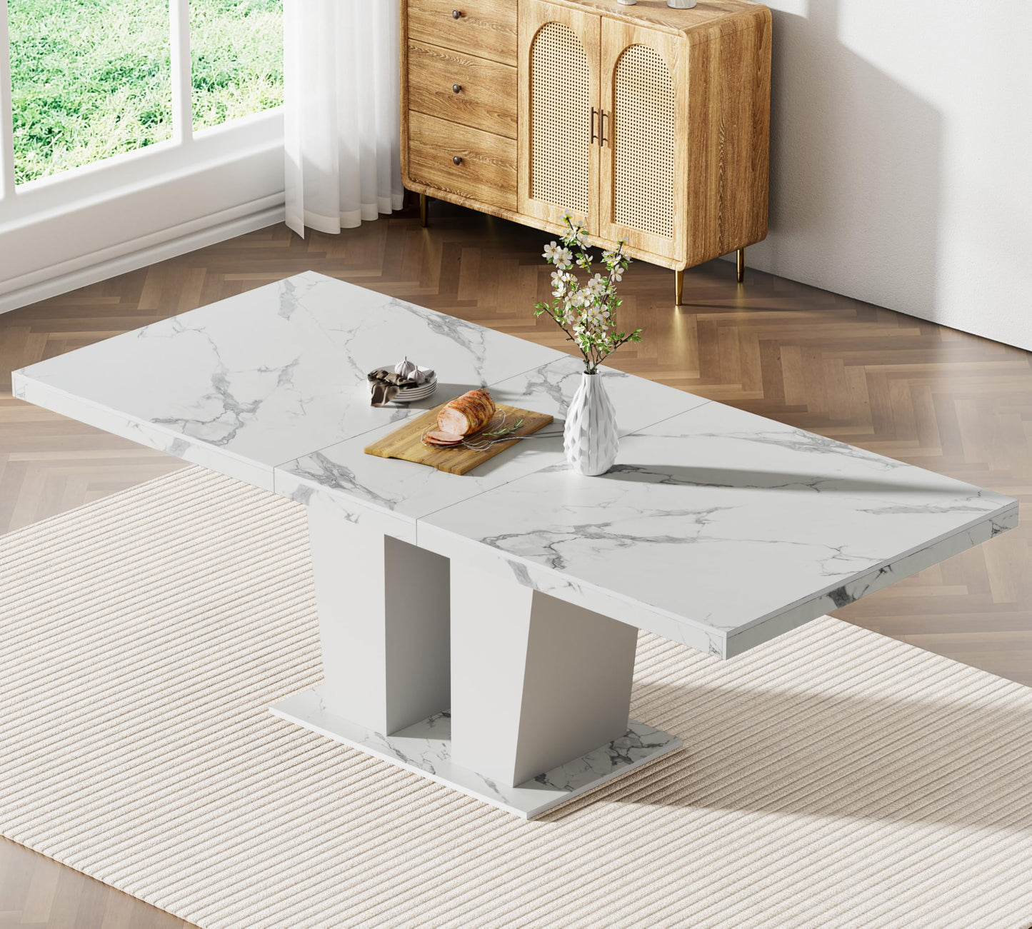 HomVent White Faux Marble Expandable Dining Table Set for 6, 63"-79" Extendable Dining Room Table Set with Velvet Nailhead Trim Chairs, Kitchen Table Chairs Set for Living Room