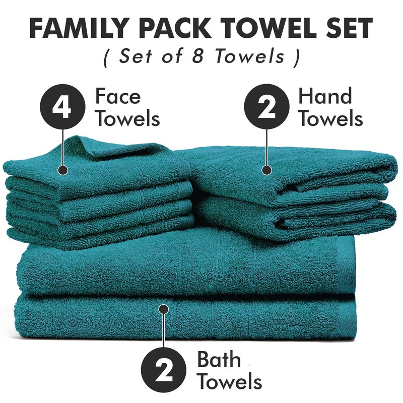 Novo Home Bath Towels Set of 8 – 100% Cotton (Teal) Bathroom Towel Set Bale Includes 2 Bath, 2 Hand, 4 Face Towels – Soft, Absorbent & Quick Dry Towel for Bathroom, Spa, Kitchen, Hotel Use