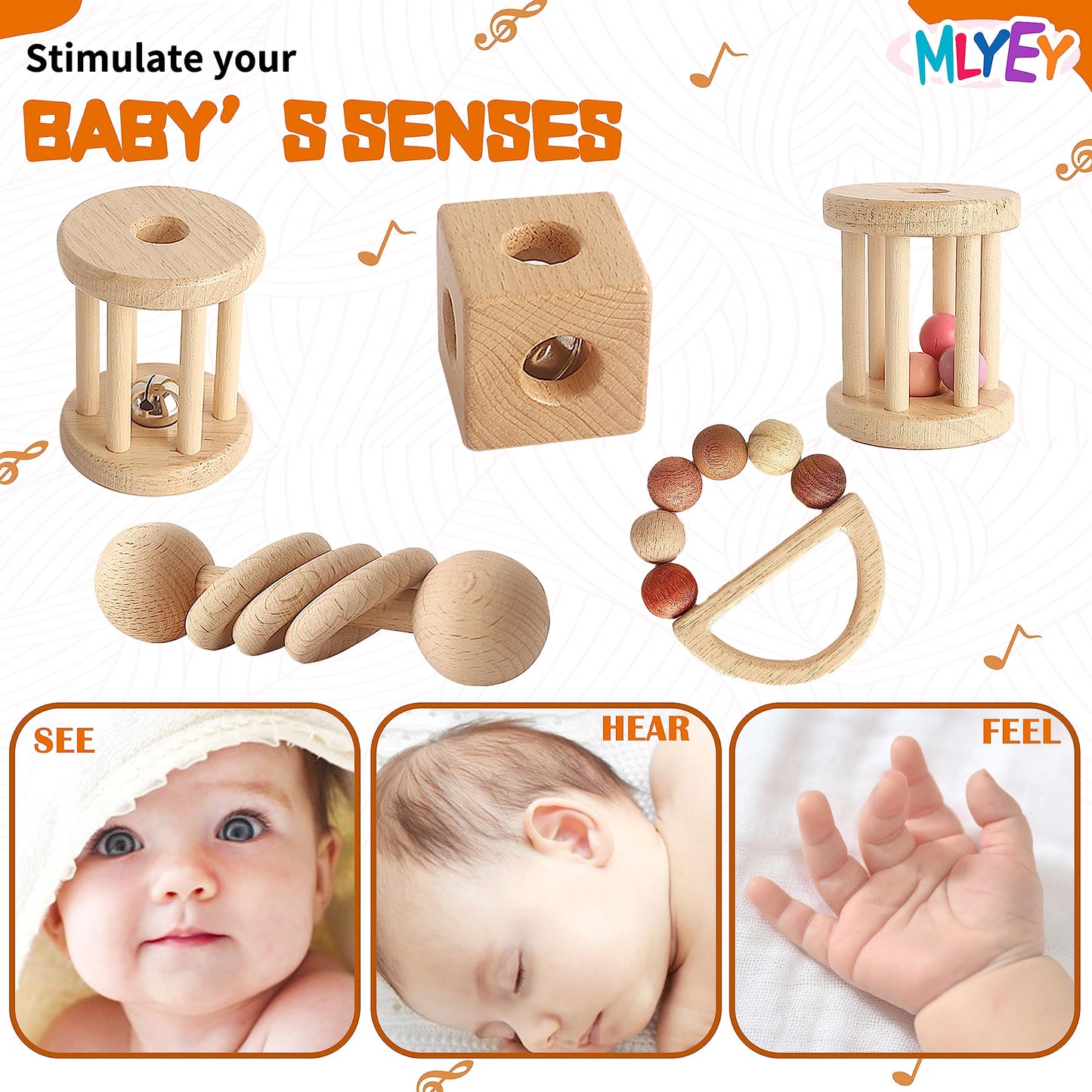 Wooden Baby Toy 8pcs, Montessori Toys for Babies 1-3 Years Old, Wooden Rattles Toy Set for Infant Grasping, Sensory Development, Gift for Baby Boys Girls (Natural Wood)