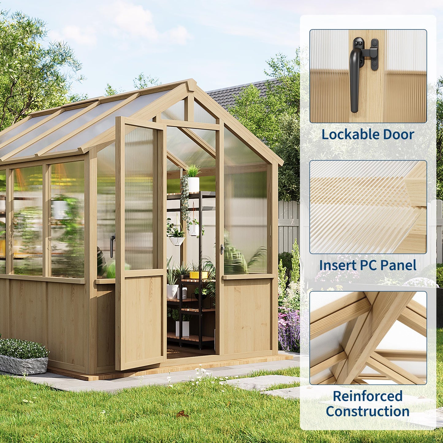 Garvee 6x8 FT Wooden Greenhouse - Walk-in Greenhouses for Outdoors, Large Spruce Frame Green House with PC Panels, Adjustable Roof Vents & Lockable Door, Green Houses for Garden,Backyard,Patio,Lawn