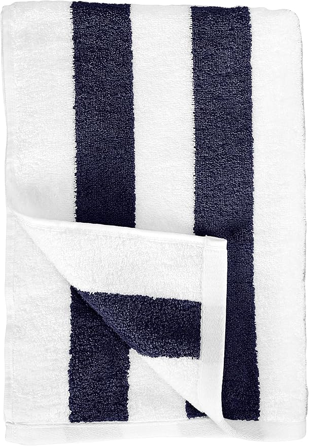 Amazon Basics 100% Cotton Soft & Absorbent Beach Towels, Cabana Stripe, Fast Drying, Machine Washable, Large 30 in x 60 in, Navy Blue, 2-Pack