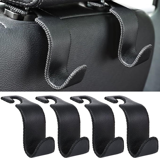 Amooca Car Seat Headrest Hook 4 Pack Metal Core Hanger Universal Car Storage Organizer for Handbag Purse Coat S Type Leather Black