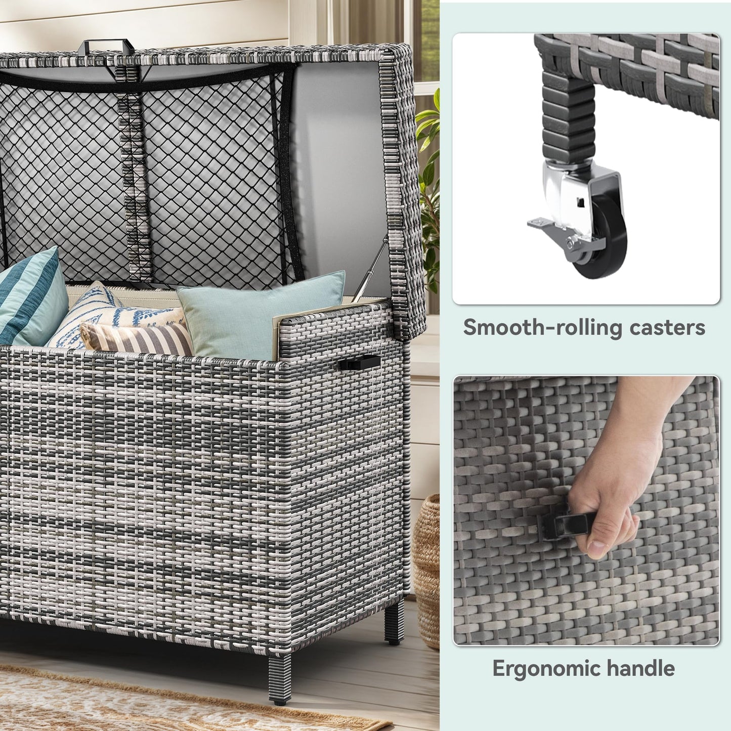 YITAHOME 200 Gallon Outdoor Storage Box w/Storage Net, Rattan XL Outdoor Deck Box, Patio Cushion Storage, Outside Storage Box for Patio Furniture, Garden Tools, Pool Sports Equipment (Grey)