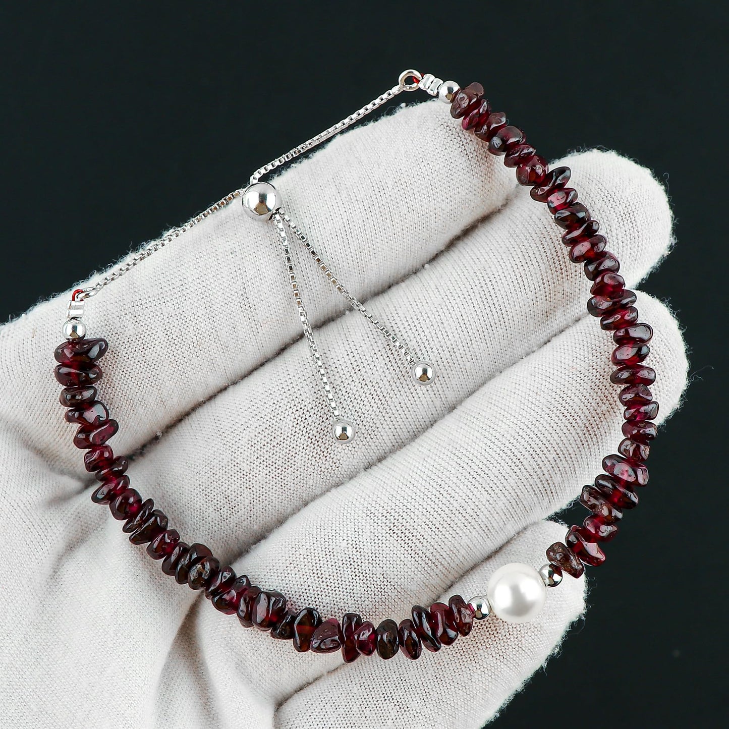 CRYSTALIS Natural Rhodolite-Garnet Beads Slider Bolo Bracelet with Elegant Pearl, Uncut Chips Nuggets Crystals, Chakra Healing Gemstone, Women Jewelry, 925 Sterling Silver Slider 10 inch